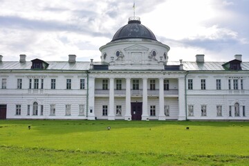 Kachanivka, Ukraine - June 2020: Beautiful ancient Tarnovsky palace and park in Kachanivka. Ukrainian heritage, tourist attractions. Landscape and park design