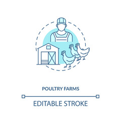 Poultry farms concept icon. Farm production types. Organic foods field organizations. Animal meat production idea thin line illustration. Vector isolated outline RGB color drawing. Editable stroke