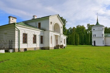 Kachanivka, Ukraine - June 2020: Beautiful ancient Tarnovsky palace and park in Kachanivka. Ukrainian heritage, tourist attractions. Landscape and park design
