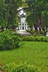 Kachanivka, Ukraine - June 2020: Beautiful ancient Tarnovsky palace and park in Kachanivka. Ukrainian heritage, tourist attractions. Landscape and park design
