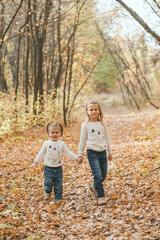 Portrait of two cheerful small sisters in white sweaters and jeans walking in the park in warm autumn day