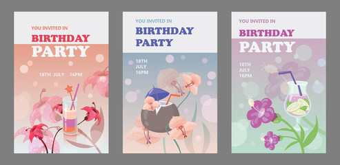 Invitation card design with cocktails, flowers, coconut. Birthday party inscription. Vector illustration can be used for invitations, posters and announcements