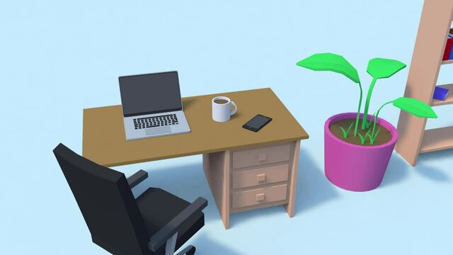 home office, animaci&oacute;n en 3D. Laptop, escritorio y sill&oacute;n. &Aacute;rea de trabajo con plantas y taza de caf&eacute;.