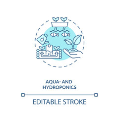 Aqua and hydroponics concept icon. Raising aquatic animals and growing plants in water. Urban farming idea thin line illustration. Vector isolated outline RGB color drawing. Editable stroke