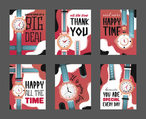 Promotion flyers design with watches vector illustration. Gradient graphic elements on background and text. Time management and deal concept. Template for promotional poster or advertising sticker