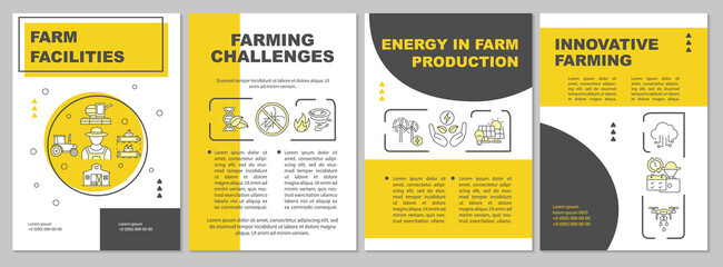 Farm household brochure template. Farming challenges. New technologies. Flyer, booklet, leaflet print, cover design with linear icons. Vector layouts for magazines, annual reports, advertising posters
