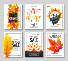 Set of Autumn promo sale flyers or backgrounds with bright autumn leaves. A4 vector illustration for banner, poster, special offer, advertising, flyer, commercial.