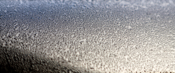 The pattern of random drops of water in the morning passed the day before the rain or dew on the metal front hood and glass of the car.