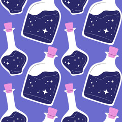 Witch potion bottle seamless pattern. Occult spell ingredient background, creepy halloween magic cartoon in hand drawn style for print, wrapping paper or fashion fabric.
