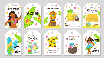 Cute tropical tag. Gift tags with girl, coconut, surfboard. Pineapple, guitar, cocktails, aloha. Vector illustration can be used for presents, goods, labels, advertising
