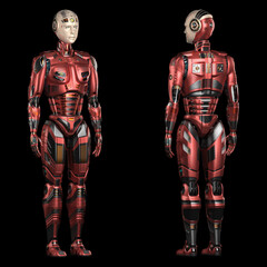 3d render of a very detailed futuristic robot or humanoid cyborg.  Full body front and back views. Isolated on back background