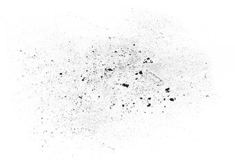 Black powder (Charcoal powder) scattered. Isolated on white background. A loose heap of fine Powdered charcoal. 