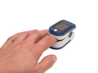 A pulse oximeter used to measure pulse rate and oxygen levels on white backgroud