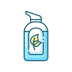 Organic hand sanitizer blue RGB color icon. Herbal lotion in bottle with pump. Liquid soap in tube package. Dermatology care. Natural cosmetic product for skincare. Isolated vector illustration