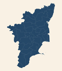 Tamilnadu map with its districts. Cyan blue, cream white background. Modern design graphics backgrounds.