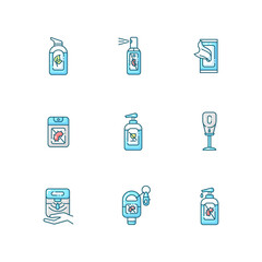 Hand sanitizers blue RGB color icons set. Antibacterial gel. Disinfectant liquid soap in tube. Personal hygiene care. Product for infection and virus prevention. Isolated vector illustrations