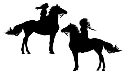 native american tribal chief and indian woman riding horse - black and white vector silhouette set