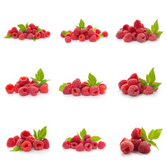 Raspberries collection with leaf isolated on white background