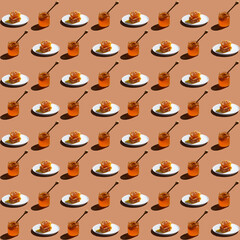 Seamless pattern with jar of honey and sweet honeycomb.
