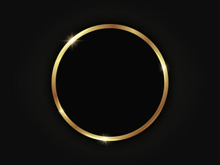 Round golden sparkling frame isolated on a black background.