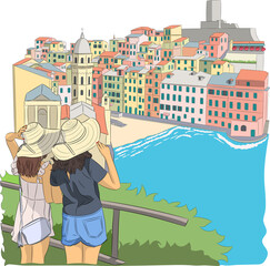 Two girls tourists look at the village Vernazza. - obrazy, fototapety, plakaty