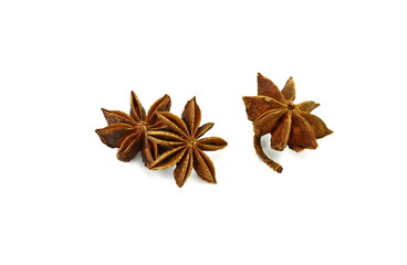 dry star anise fruits isolated on white. Star anise spice fruits and seeds isolated on white background closeup