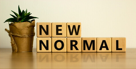 Wooden cubes with words 'new normal'. The world is changing to balance it into new normal include business , economy , environment and health.