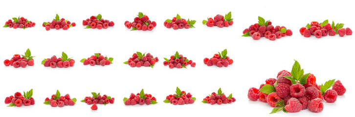 Obraz na płótnie Canvas Raspberries collection with leaf isolated on white background