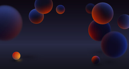 Realistic dark balls, blured and luminous, luminescent orange balls with soft touch feeling in blue dark abstract background. Vector illustration. 