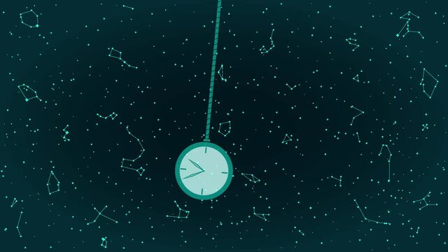 Animation of Blue and Green Swinging Pendulum with Clock. Single Object Isolated on Starry Night Background. Panoramic Sky Map of Hemisphere. Loop Seamless Stock Footage. 3D Graphic