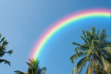 coconut or palm tree on blue sky with rainbow