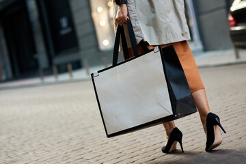 Cropped shot of woman wearing high heel shoes carrying big shopping bag walking city streets