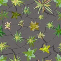Abstract pattern of plants breaking through the asphalt. Flowers and grass in the cracks on the asphalt. Warm summer sunny day. Vector illustration seamless.