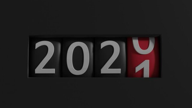Speedometer counter consisting of four cylinders shows the number 2020, the right cylinder slowly rotates the number to the value 2021. Concept: New year checkpoint, change of year date. 3d rendering.