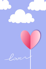 Fototapeta na wymiar Happy Valentine's day. Vector greeting card and poster design featuring a paper heart, clouds and the line of the word 