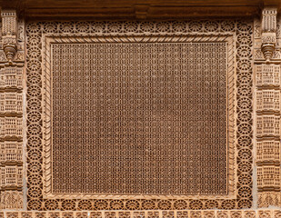 Exterior detail of Patwon Ki Haveli in Jaisalmer, Rajasthan state of India. A haveli is a traditional townhouse or mansion in the Indian subcontinent.