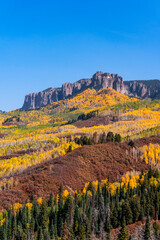 Scenic autumn landscape with aspen trees along Cimarron Ridge in the San Juan Mountains, Colorado.