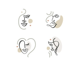 Continuous line, abstract drawing of set faces and hairstyle, fashion concept, woman beauty minimalist, vector illustration for t-shirt, slogan design print graphics style
