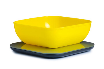 kitchen scale with bowl on white background isolation