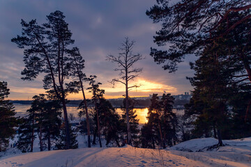 Beautiful winter sunset with trees in the snow on river.