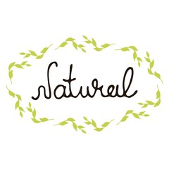 Obraz premium Vector natural product logo or label. The concept of a natural product, eco-friendly, fresh and clean. Hand-drawn inscriptions. Healthy life. Element for designing the menu of a restaurant, cafe