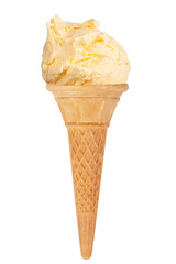 Single scoop of vanilla ice cream on a waffle cone, isolated on a white background