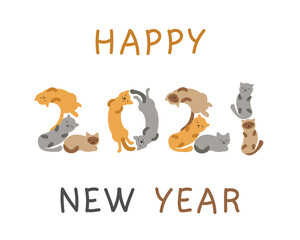 Cat Font Happy New Year 2021 vector illustration