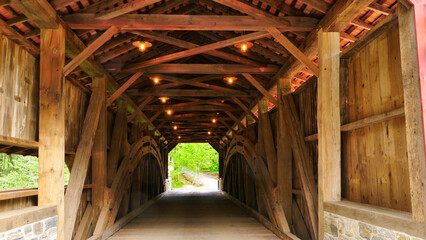 Close Up View of a Restored Old 1844 Covered Bridge on a Sunny Day