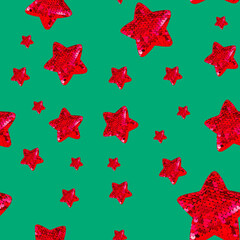 Seamless pattern, christmas red glitter stars on a green background