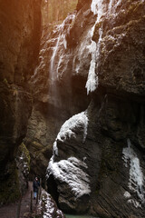 Snow-covered icicles at Partnachklamm, famous tourist destination. Partnachklamm in Garmisch-Partenkirchen, Bavaria