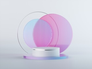 3d render, abstract geometrical background with pink blue translucent round glass. Modern minimal showcase mockup. Vacant pedestal platform for commercial product displaying, empty podium, round stage - obrazy, fototapety, plakaty