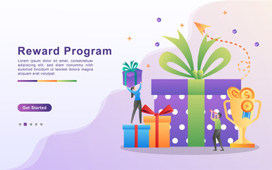 Reward program and get gift concept. People win sweepstakes, cash back programs, rewards for loyal customers, attractive offers. Can use for web landing page, banner, mobile app. Vector Illustration.