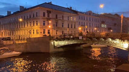 Moyka river bridge, midnight sun, Saint Peterburg