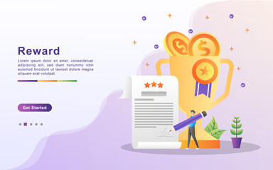 Reward and get gift concept. People win sweepstakes, cash back programs, rewards for loyal customers, attractive offers. Can use for web landing page, banner, mobile app. Vector Illustration.